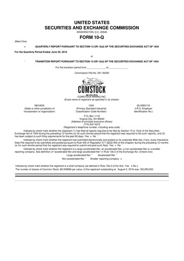 Thumbnail Comstock Inc. 10-Q Quarterly Report FY2016 