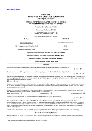 Thumbnail Sandy Spring Bank 10-K Annual Report 