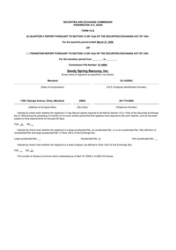 Thumbnail Sandy Spring Bank 10-Q Quarterly Report FY 