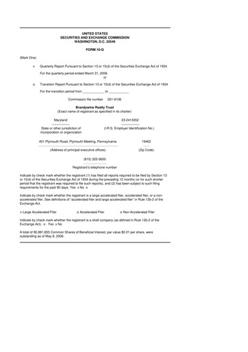 Thumbnail Brandywine Realty Trust
 10-Q Quarterly Report FY 