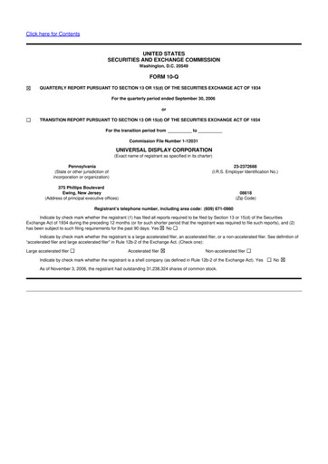 Miniature Universal Display Corporation
 10-Q Rapport trimestriel  