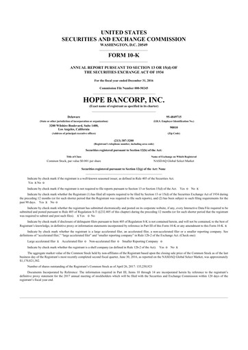 Thumbnail Hope Bancorp 10-K Annual Report 2016