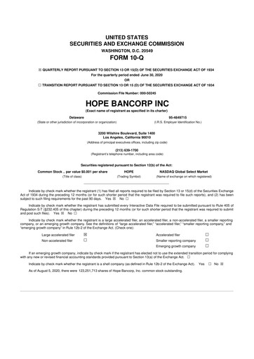 Thumbnail Hope Bancorp 10-Q Quarterly Report FY2020 