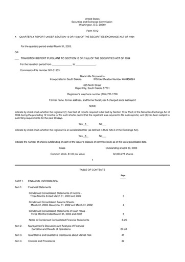 Thumbnail Black Hills 10-Q Quarterly Report FY 