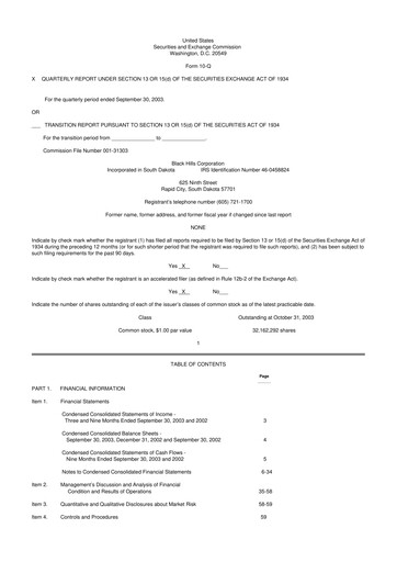 Thumbnail Black Hills 10-Q Quarterly Report FY 