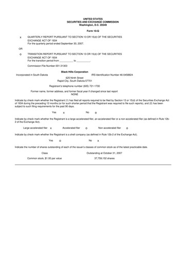 Thumbnail Black Hills 10-Q Quarterly Report FY 