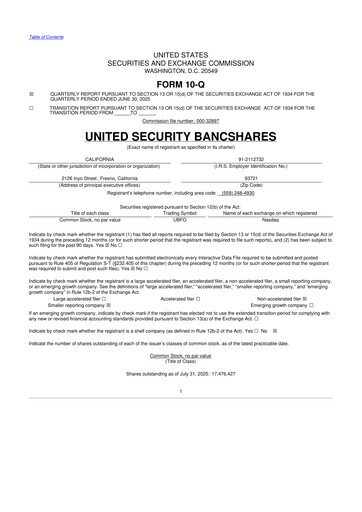 Vorschaubild United Security Bancshares 10-Q Quartalsbericht 2025 