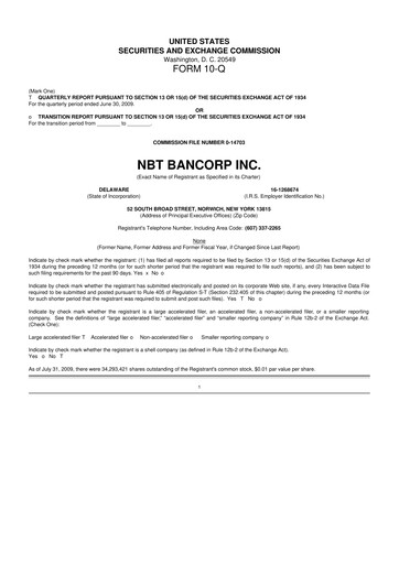 Thumbnail NBT Bancorp 10-Q Quarterly Report FY 