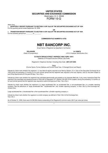Thumbnail NBT Bancorp 10-Q Quarterly Report FY 