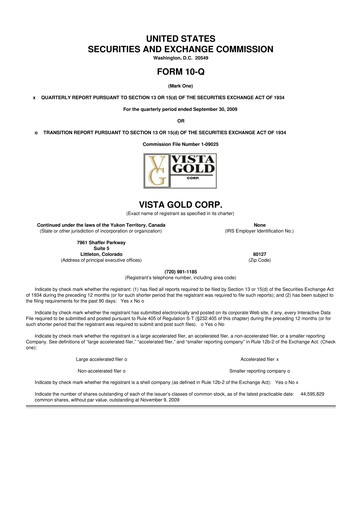 Miniature Vista Gold
 10-Q Rapport trimestriel  
