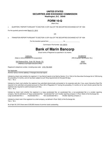 Vorschaubild Bank of Marin Bancorp
 10-Q Quartalsbericht  