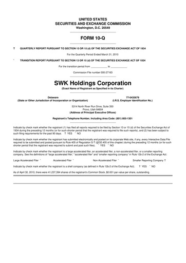 Thumbnail SWK Holdings 10-Q Quarterly Report FY 