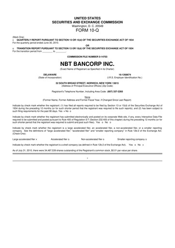 Thumbnail NBT Bancorp 10-Q Quarterly Report FY2010 