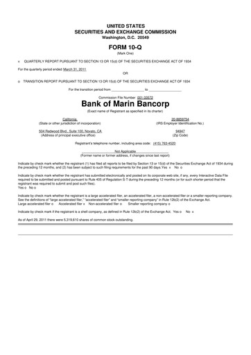 Vorschaubild Bank of Marin Bancorp
 10-Q Quartalsbericht  