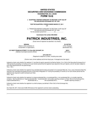 Thumbnail Patrick Industries 10-Q Quarterly Report FY 