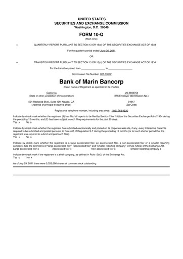 Vorschaubild Bank of Marin Bancorp
 10-Q Quartalsbericht 2011 