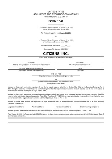 Thumbnail Citizens Inc 10-Q Quarterly Report FY2011 