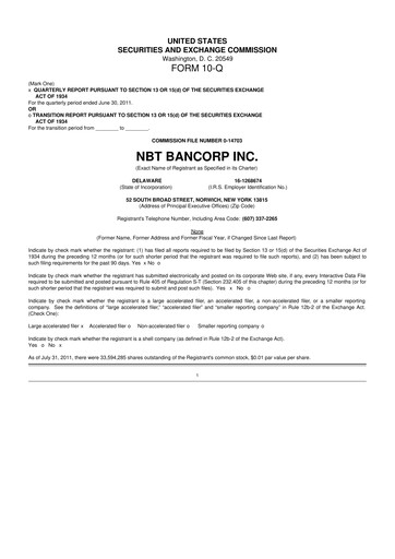 Thumbnail NBT Bancorp 10-Q Quarterly Report FY2011 