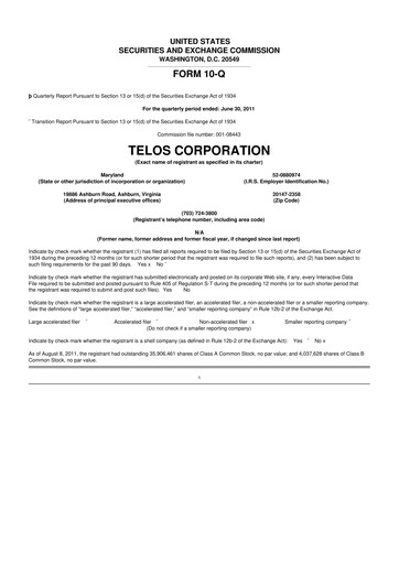 Thumbnail Telos 10-Q Quarterly Report FY 
