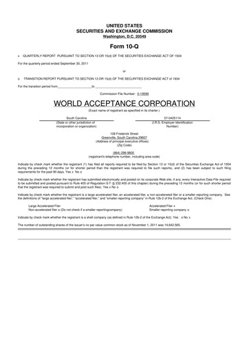 Thumbnail World Acceptance Corporation 10-Q Quarterly Report FY2011 