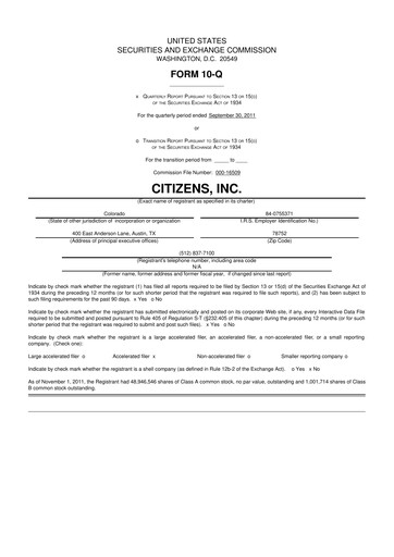 Thumbnail Citizens Inc 10-Q Quarterly Report FY2011 