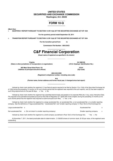Thumbnail C&F Financial Corporation

 10-Q Quarterly Report FY2011 