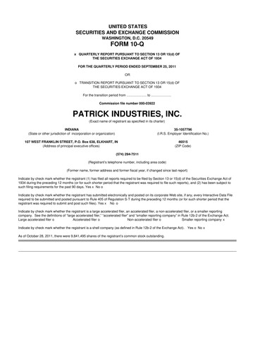 Thumbnail Patrick Industries 10-Q Quarterly Report FY2011 