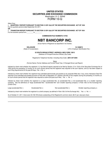 Thumbnail NBT Bancorp 10-Q Quarterly Report FY2011 