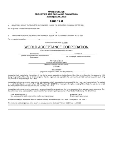 Thumbnail World Acceptance Corporation 10-Q Quarterly Report FY2011 