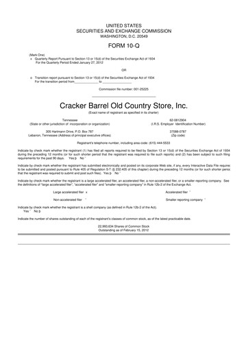 Miniature Cracker Barrel 10-Q Rapport trimestriel 2012 