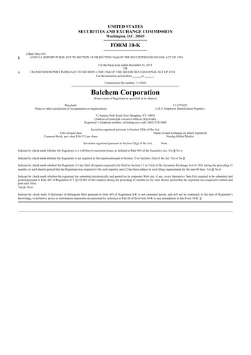 Thumbnail Balchem 10-K Annual Report 2011