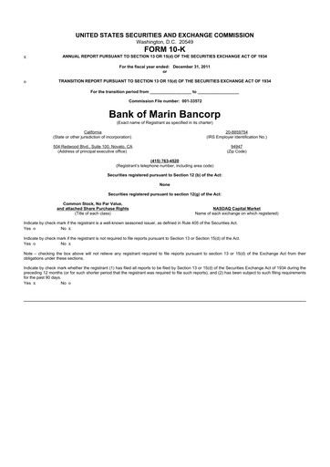 Thumbnail Bank of Marin Bancorp
 10-K Annual Report 2011