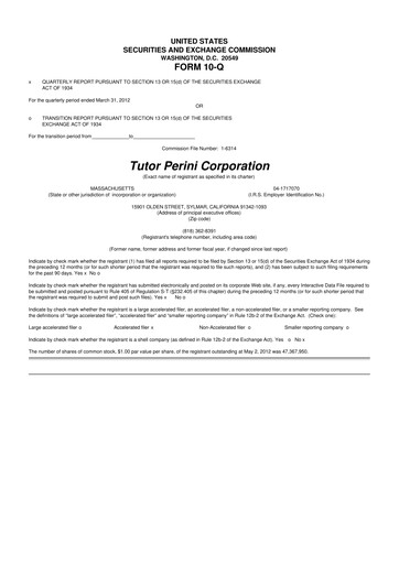 Miniature Tutor Perini Corporation
 10-Q Rapport trimestriel 2012 