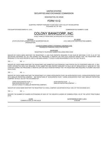Vorschaubild Colony Bankcorp 10-Q Quartalsbericht 2012 