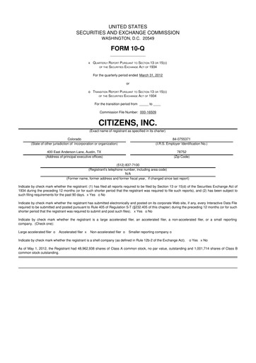 Thumbnail Citizens Inc 10-Q Quarterly Report FY2012 