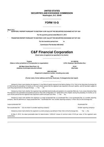 Thumbnail C&F Financial Corporation

 10-Q Quarterly Report FY2012 