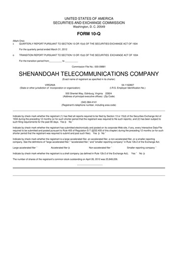 Thumbnail Shentel 10-Q Quarterly Report FY2012 