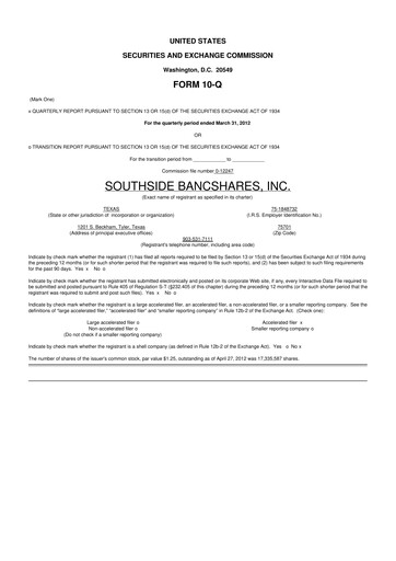 Miniature Southside Bancshares 10-Q Rapport trimestriel 2012 