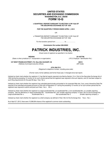 Thumbnail Patrick Industries 10-Q Quarterly Report FY2012 