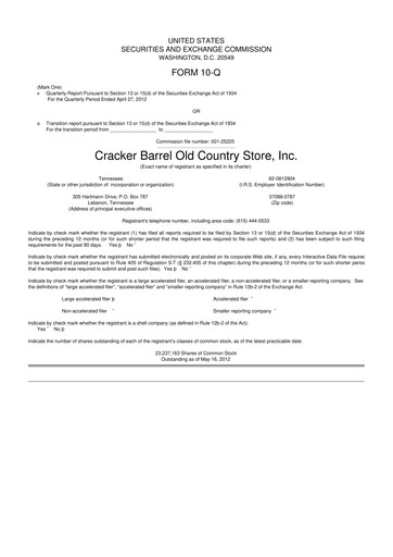 Miniature Cracker Barrel 10-Q Rapport trimestriel 2012 