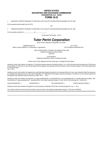 Miniature Tutor Perini Corporation
 10-Q Rapport trimestriel 2012 