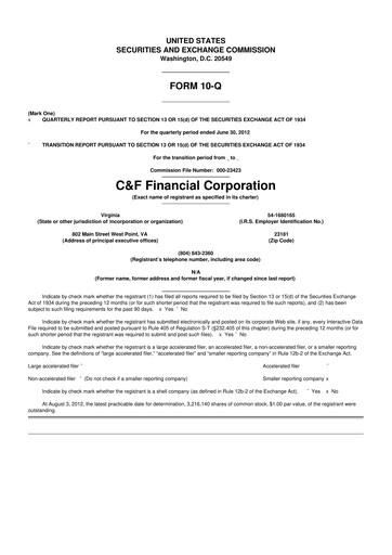 Thumbnail C&F Financial Corporation

 10-Q Quarterly Report FY2012 