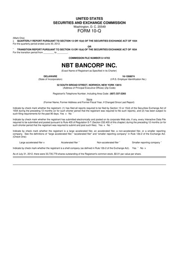 Thumbnail NBT Bancorp 10-Q Quarterly Report FY2012 