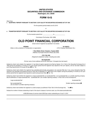 Thumbnail Old Point Financial 10-Q Quarterly Report FY2012 