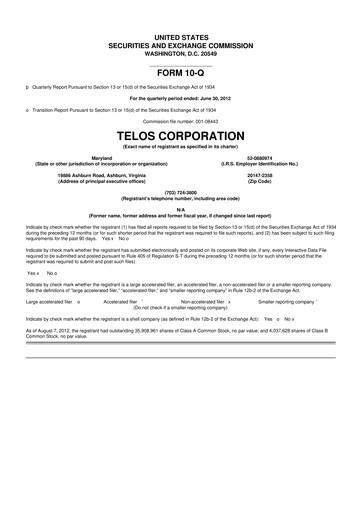 Thumbnail Telos 10-Q Quarterly Report FY 