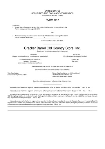 Vorschaubild Cracker Barrel 10-K Jahresbericht 2012