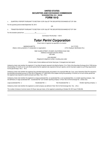 Miniature Tutor Perini Corporation
 10-Q Rapport trimestriel 2012 