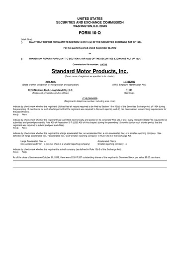 Thumbnail Standard Motor Products 10-Q Quarterly Report FY2012 