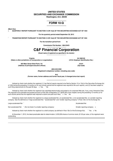 Thumbnail C&F Financial Corporation

 10-Q Quarterly Report FY2012 