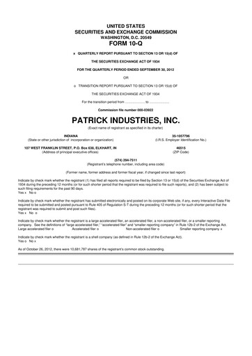 Thumbnail Patrick Industries 10-Q Quarterly Report FY2012 